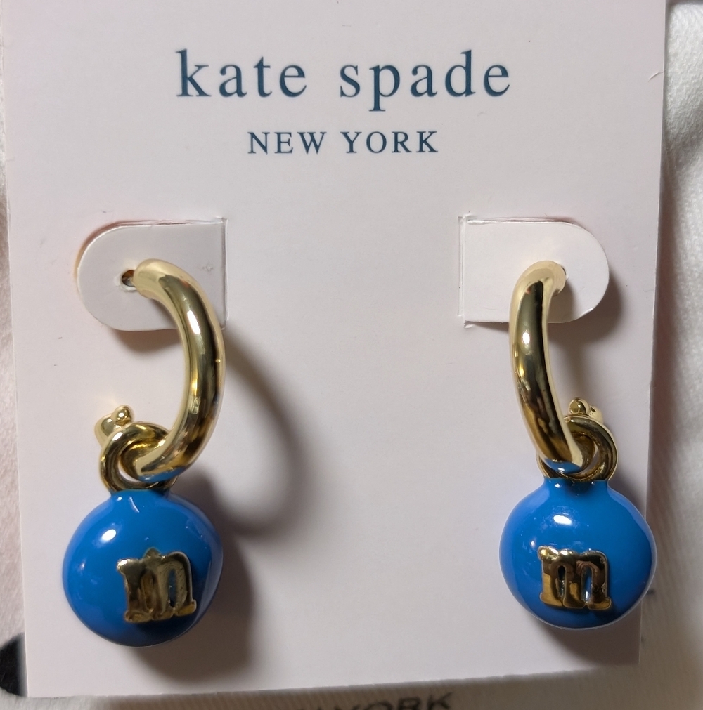 NWT Kate Spade New York ♠️ Blue M&M's Charm Huggies earrings